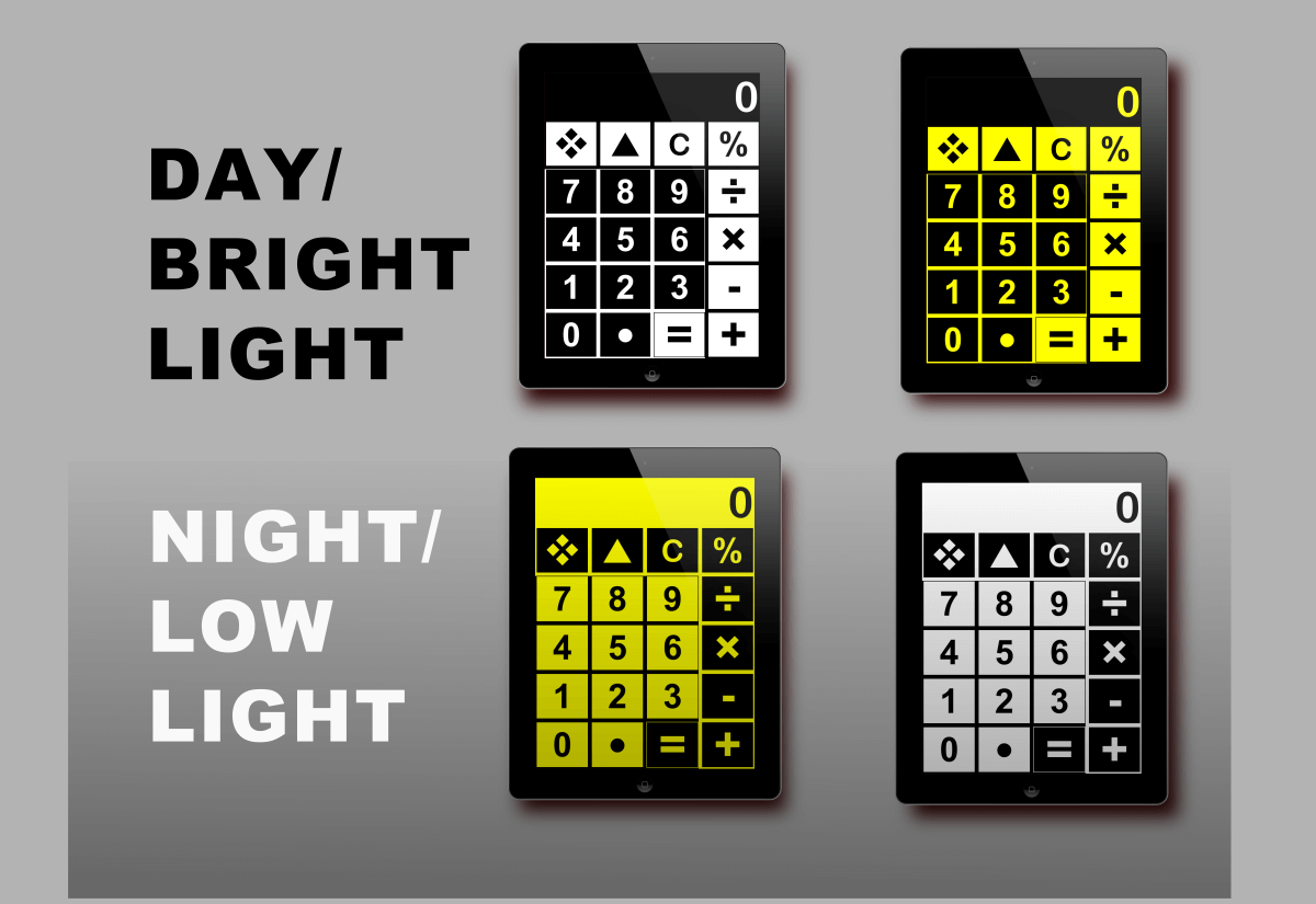 big calc has 4 color modes for low and bright light