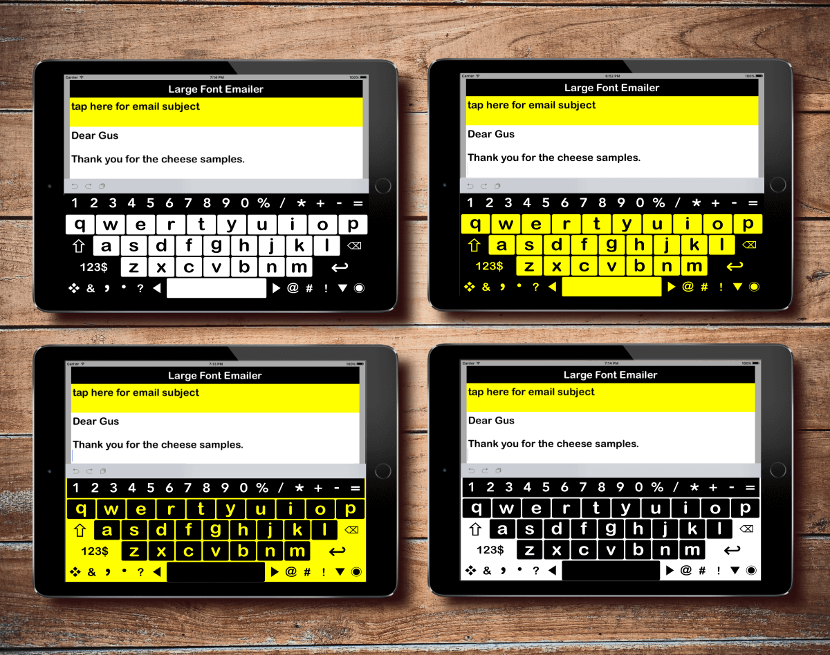 large print keyboard app has 4 high contrast color modes