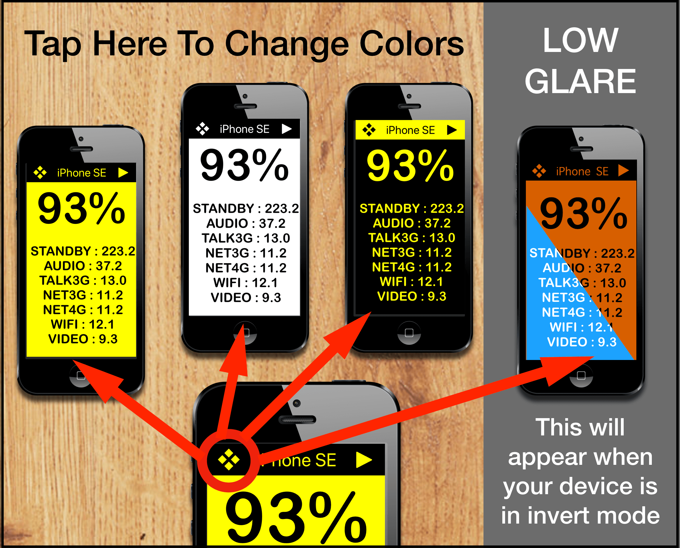 Big Battery has 4 High contrast color modes for Visual Impairment